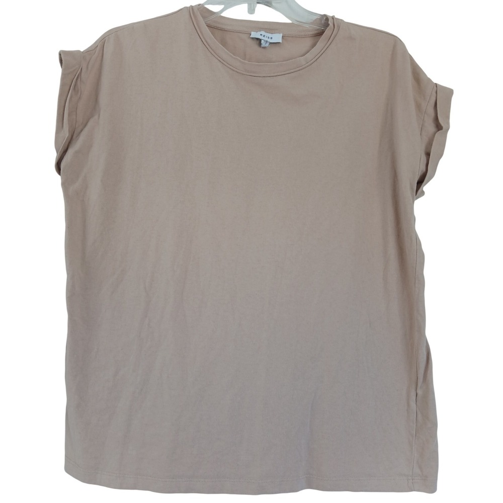 Reiss Tan Beige Rolled Cap Sleeve Cotton Crew Neck T-Shirt Size M